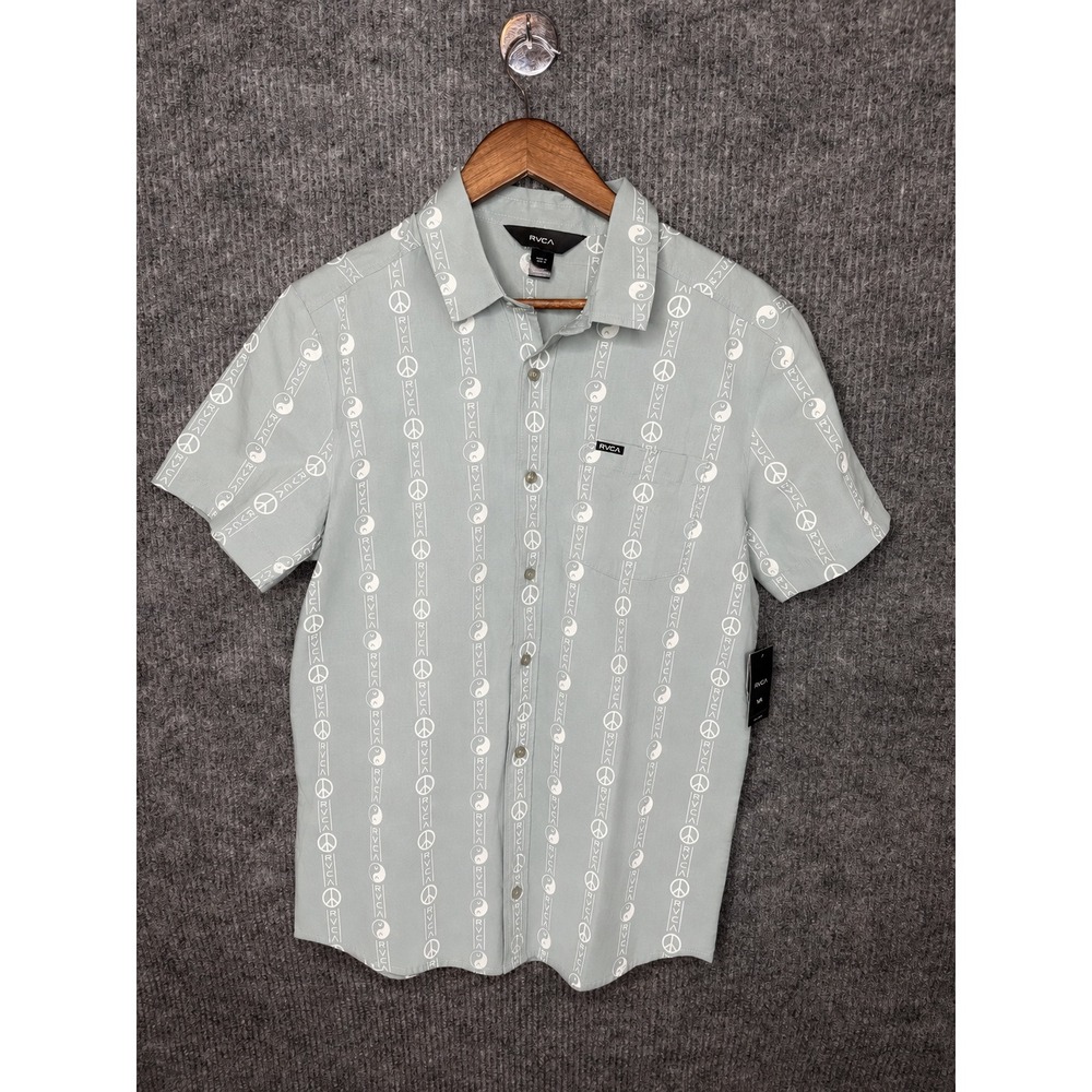 RVCA Mens Grey Peace Yin Yang Graphic Short Sleeve Button Down Shirt NEW